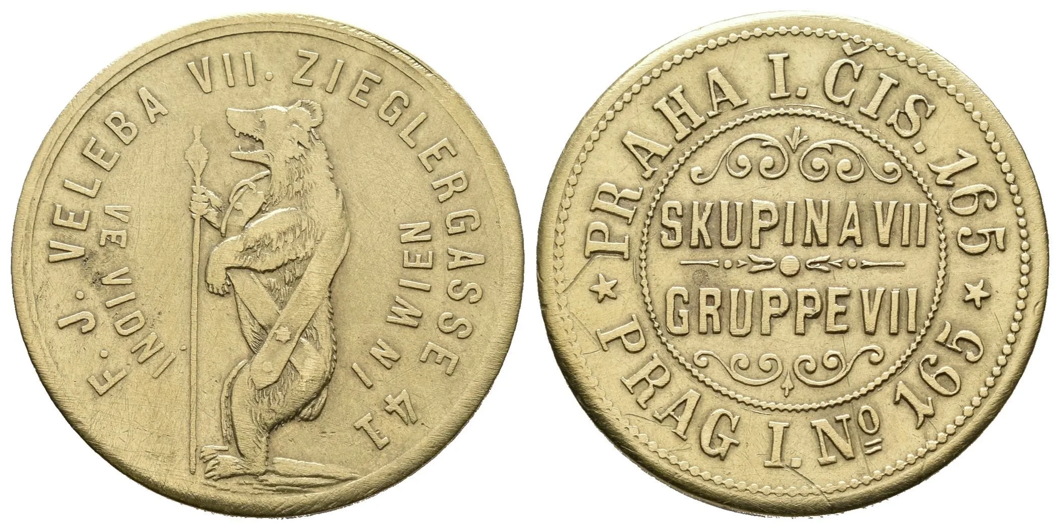 Praha, Vídeň - F. J. Veleba, ražebna, reklamní žeton. Ms 26 mm, škr. — 1