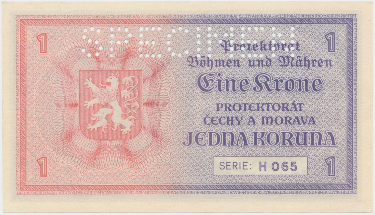 Protektorát Čechy a Morava, 1 Koruna b.d. (1940), tisk Haase, série H, perf. SPECIMEN z rubu, Hej.30b.S4