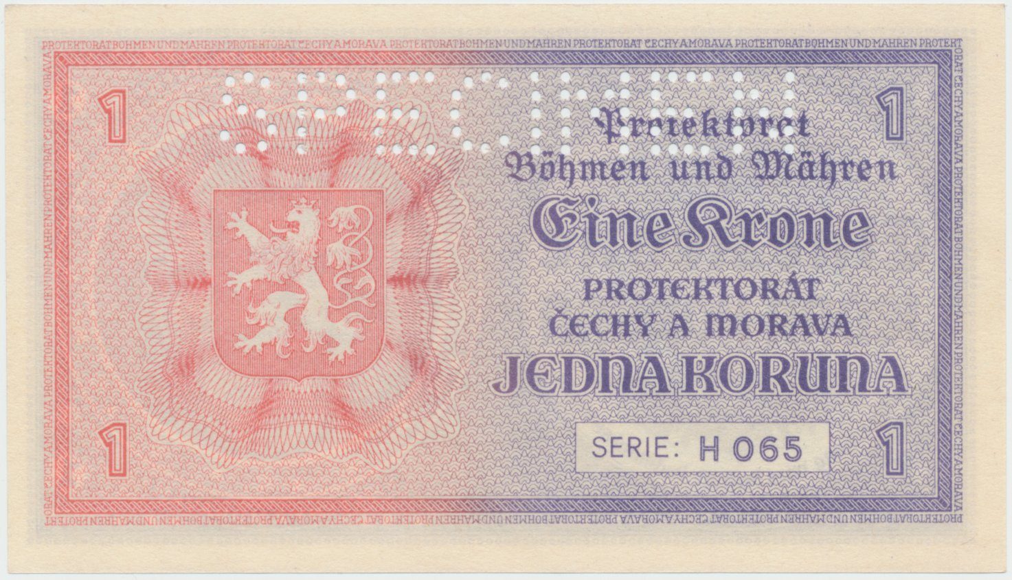 Protektorát Čechy a Morava, 1 Koruna b.d. (1940), tisk Haase, série H, perf. SPECIMEN z rubu, Hej.30b.S4