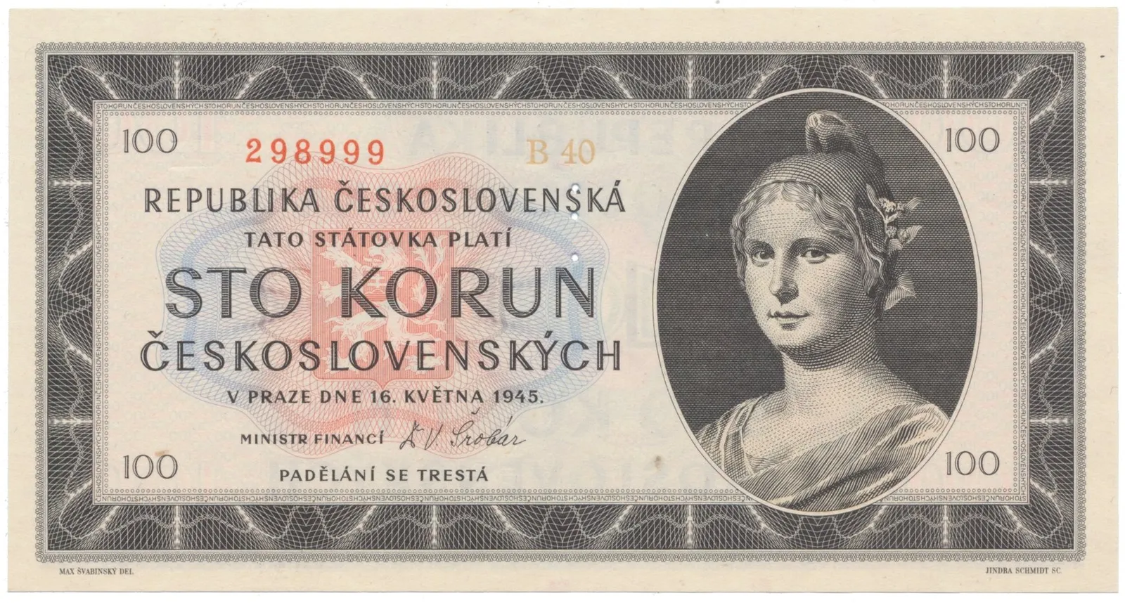 100 Koruna 1945, série B, Hej.77a.S1