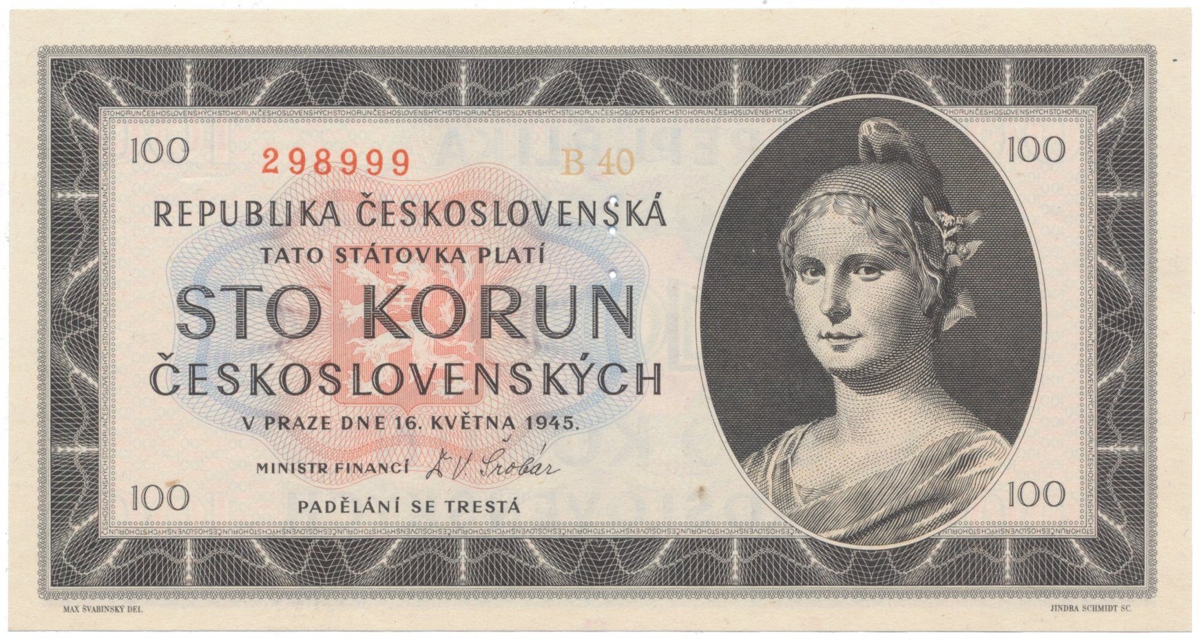100 Koruna 1945, série B, Hej.77a.S1