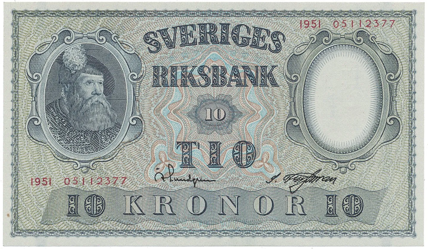 Švédsko, 10 Kronor 1951, červený číslovač, P.40l