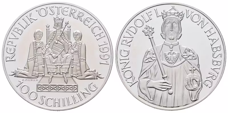 Rakousko, 100 Schilling 1991 - Král Rudolf I. Habsburský