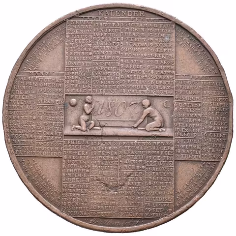 AE Medaile 1807 - Kalendářní. Uprostřed dva putti zasunují desku s letopočtem 1807,