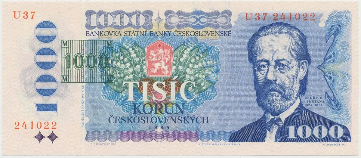 Česká republika, 1000 Koruna 1985 + tištěný kolek (1993),vysoká série U, Hej.CZ6c