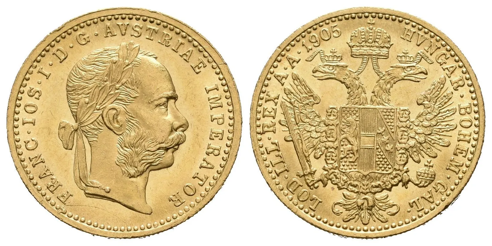 Dukát 1905, krásná zachovalost, ražební lesk, škr. na Av., nep. hr. — 1