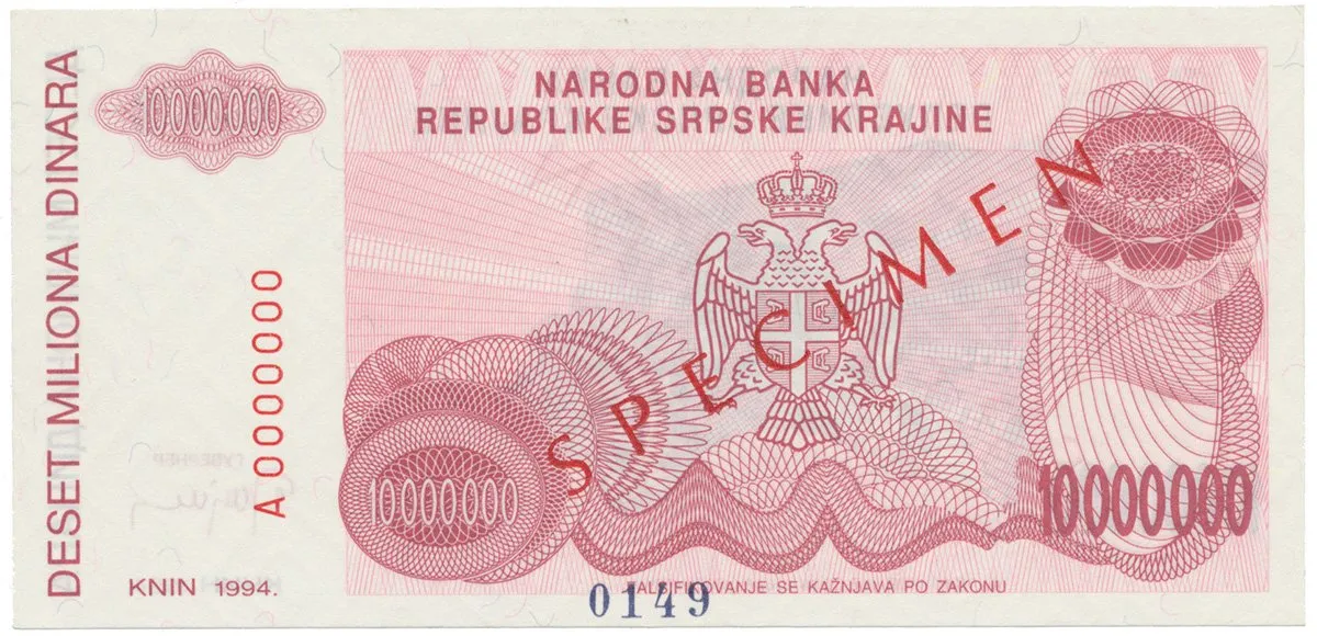 Chorvatsko, 10 Miliona Dinara 1994, anulát - SPECIMEN, P.R34s