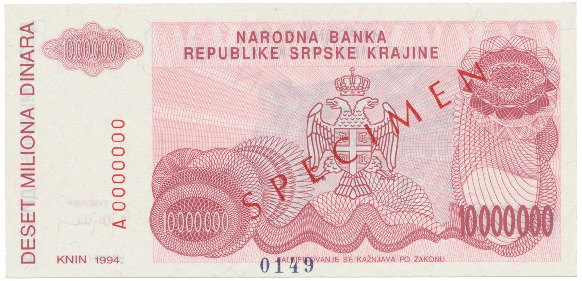Chorvatsko, 10 Miliona Dinara 1994, anulát - SPECIMEN, P.R34s