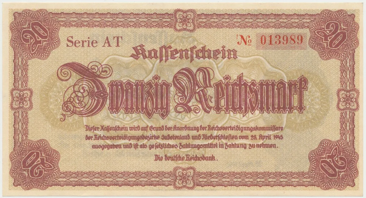 Reichenberg (Liberec) - Deutsche Reichsbank, 20 K  28. 4. 1945, série AT, HH.188.1.1a
