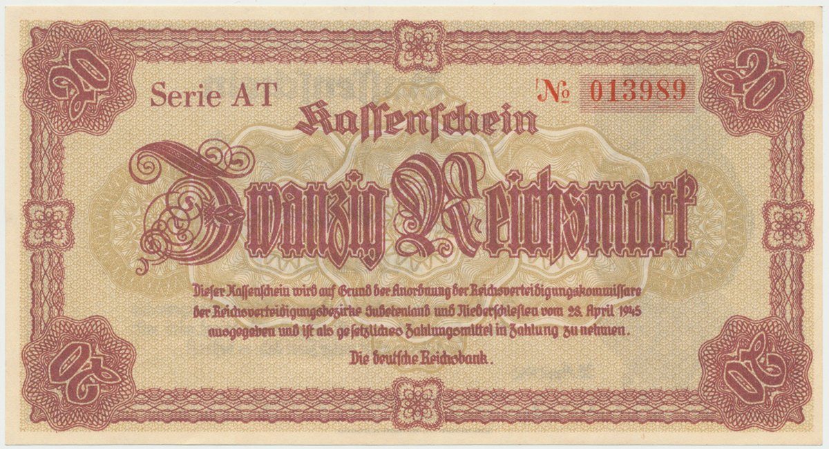 Reichenberg (Liberec) - Deutsche Reichsbank, 20 K  28. 4. 1945, série AT, HH.188.1.1a