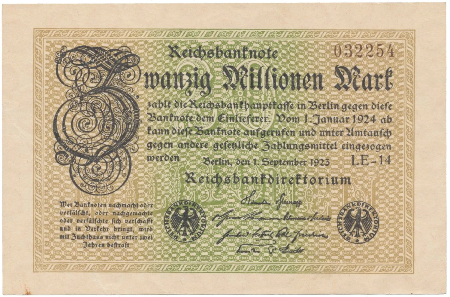 Německo, 20 Millionen Mark 1923, Ro.107a