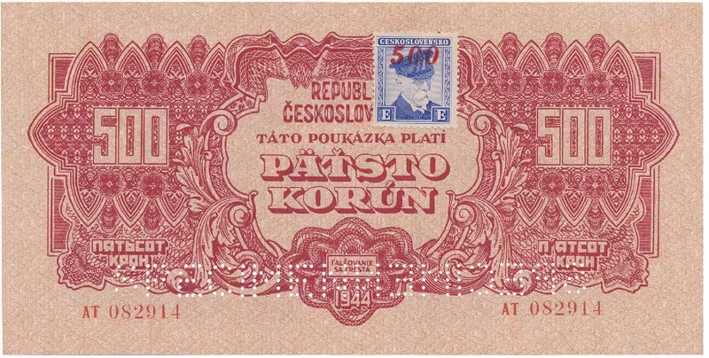 Československo, 500 Koruna 1944/1945, kolkovaná, perf. 2x SPECIMEN dole, Hej.67a.S2