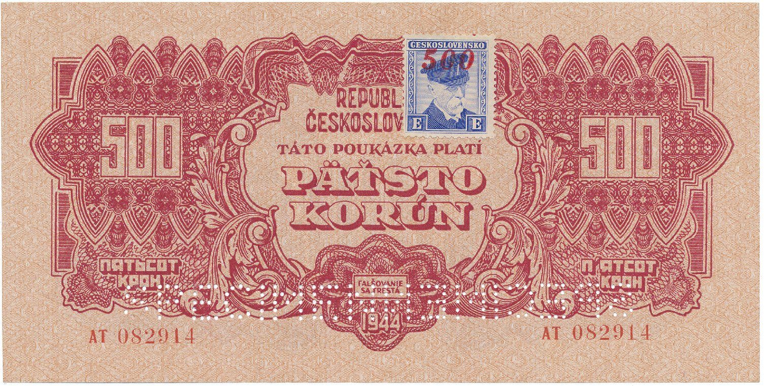 Československo, 500 Koruna 1944/1945, kolkovaná, perf. 2x SPECIMEN dole, Hej.67a.S2