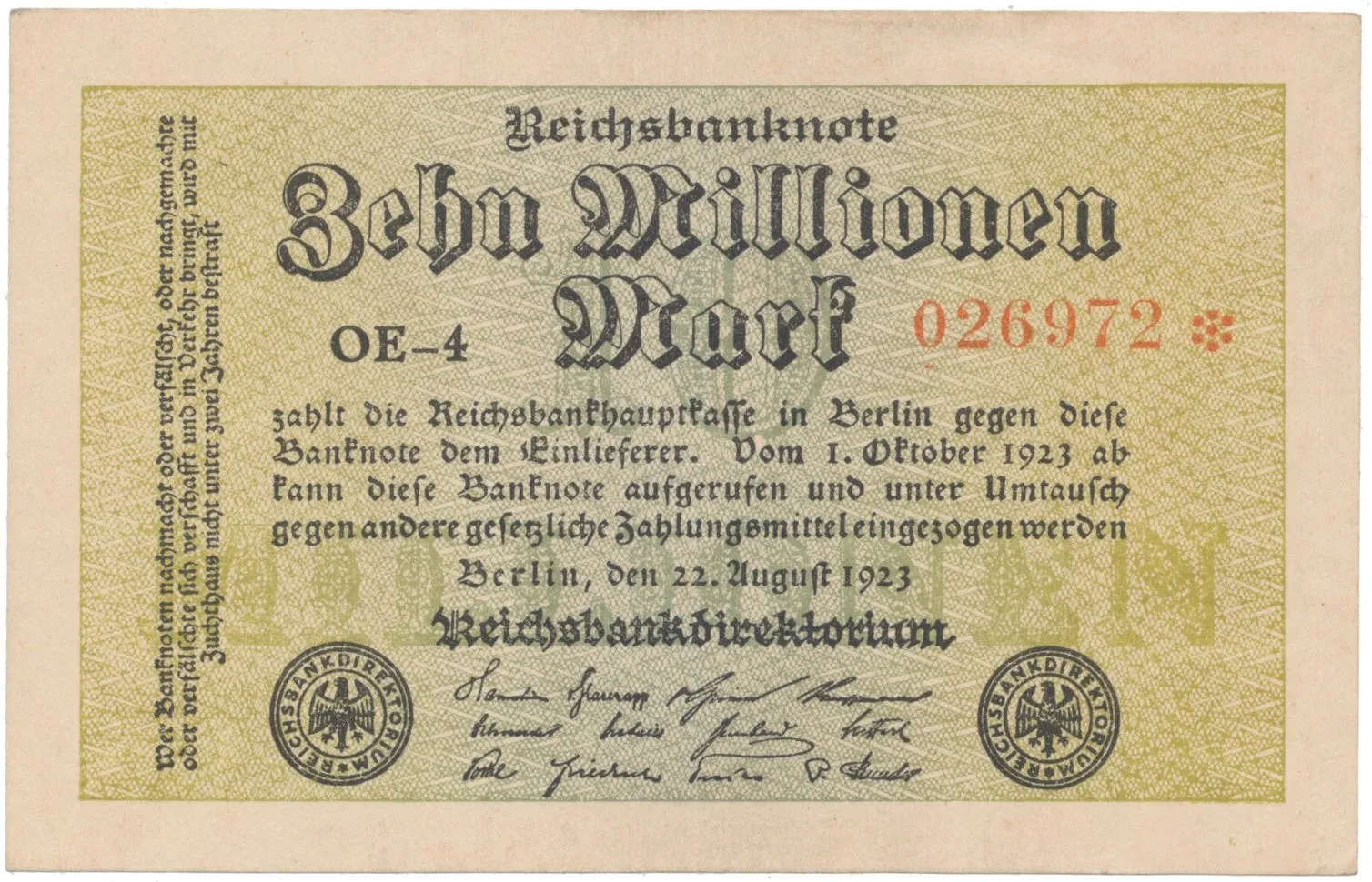 Německo, 10 Millionen Mark 1923, Ro.105a