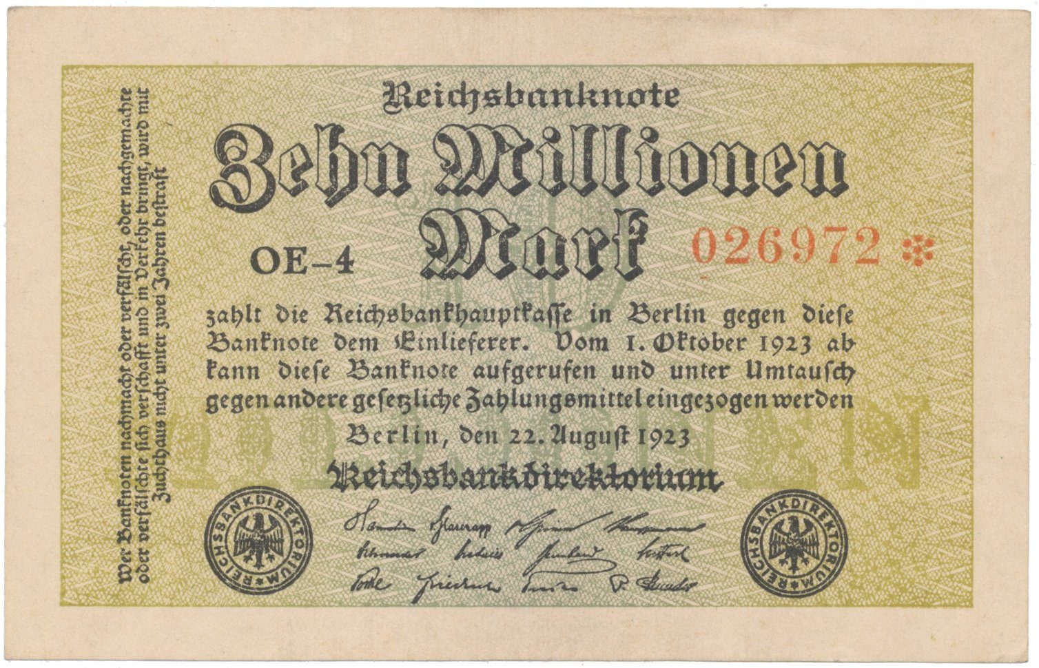 Německo, 10 Millionen Mark 1923, Ro.105a