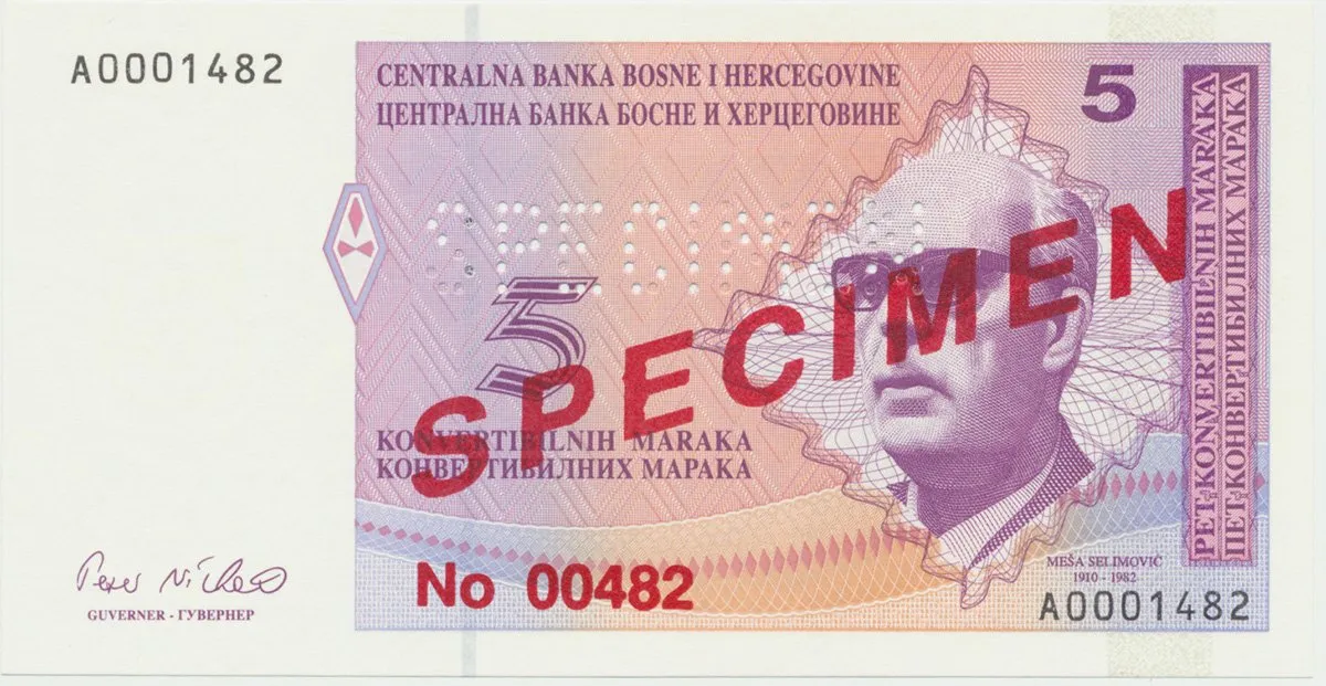 Bosna a Hercegovina, 5 Konvert. Marka (1998), anulát - SPECIMEN, P.61s