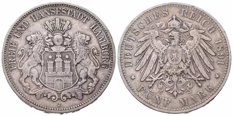 Hamburg, 5 Marka 1891 J