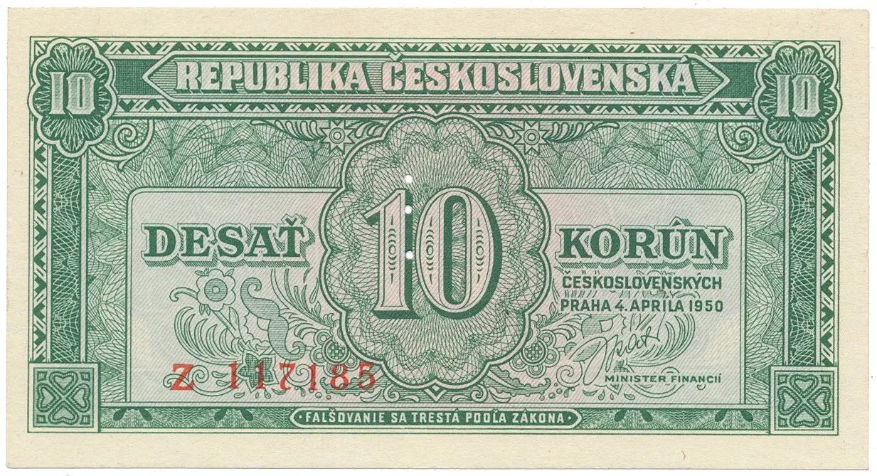 Československo, 10 Koruna 1950, poslední série Z, perforace 3 md svisle, Hej.86a.S1