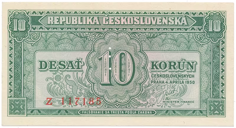 Československo, 10 Koruna 1950, poslední série Z, perforace 3 md svisle, Hej.86a.S1