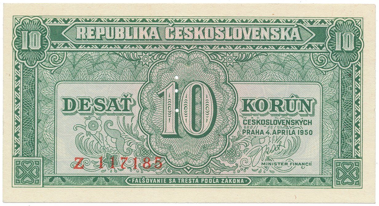 Československo, 10 Koruna 1950, poslední série Z, perforace 3 md svisle, Hej.86a.S1