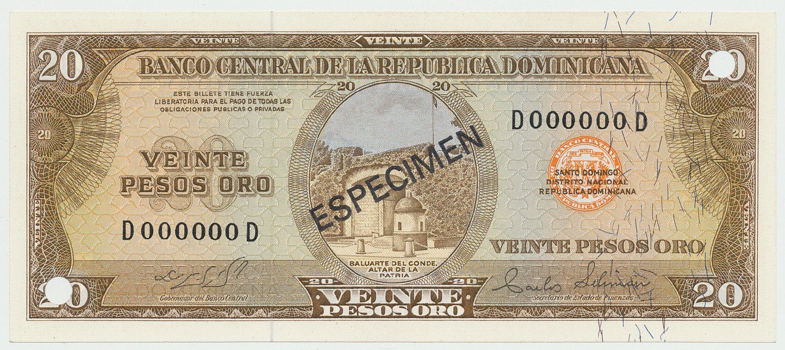 Dominikánská republika, 20 Pesos Oro (1964~1974), bank. vzor, D000000D, přetisk 1x ESPECIMEN, P.102s3