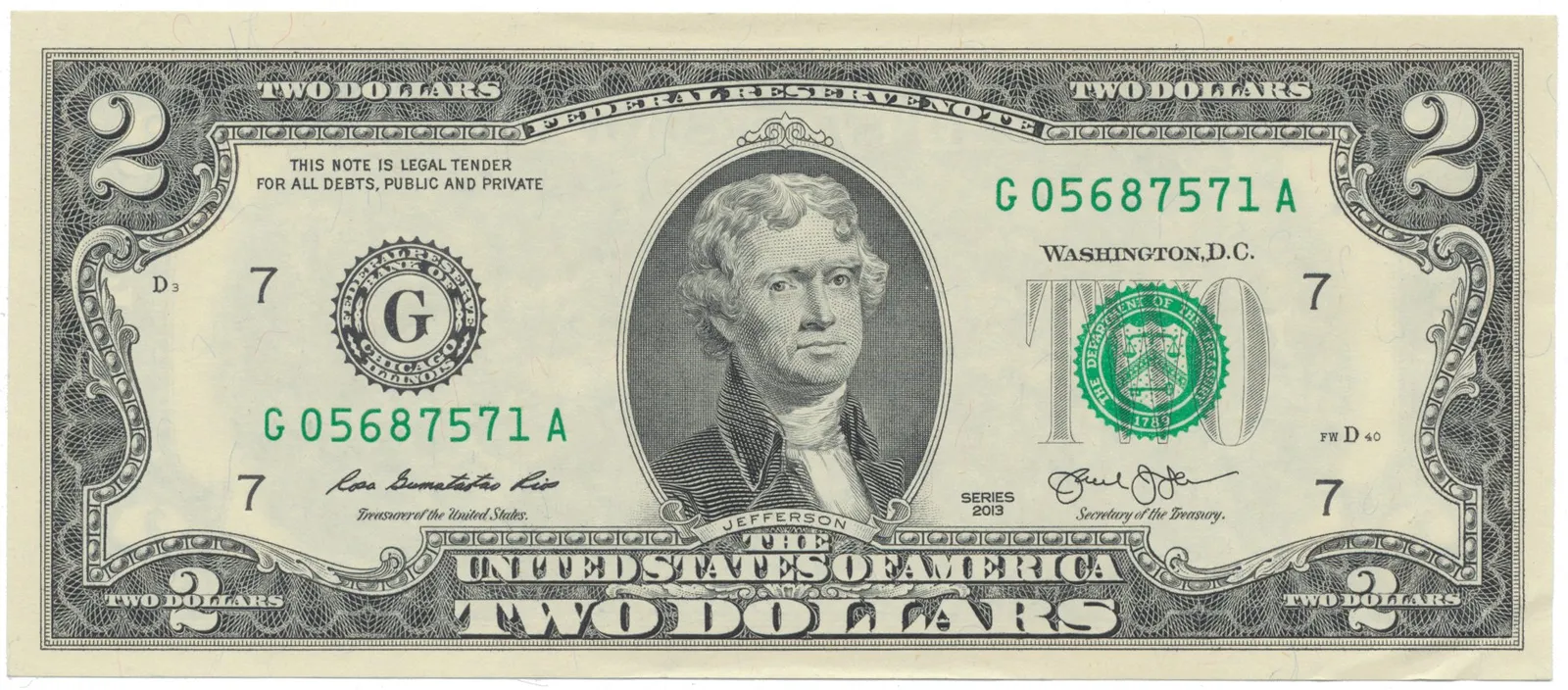 USA, 2 Dollars 2013, deklarace nezávislosti, Pick.538