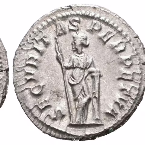 Antoninian, 243 - 244, Rv: SECVRIT-AS PERPETVA, stojící Securitas zleva drží