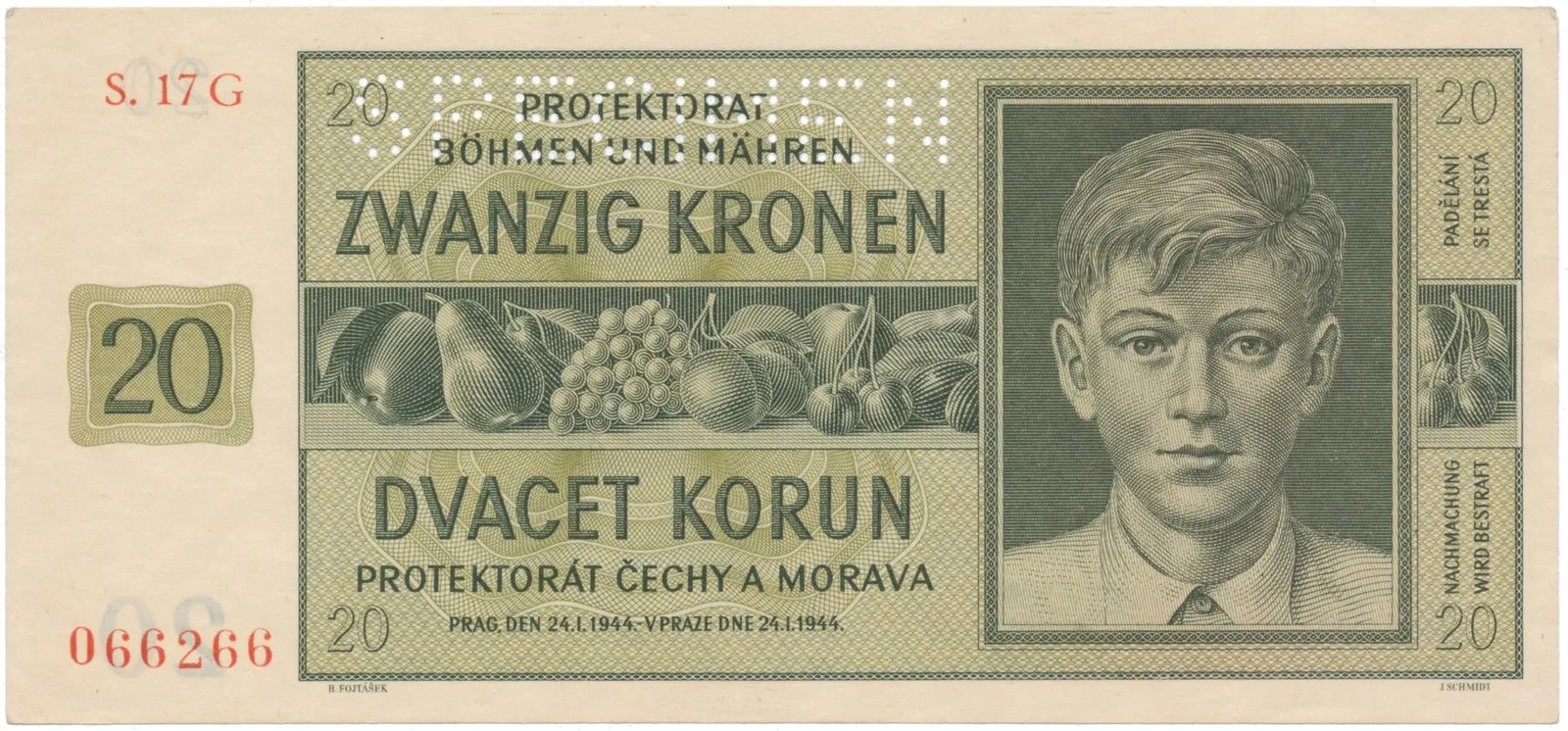 20 Koruna 1944, série G, SPECIMEN, Hej.40b.S1