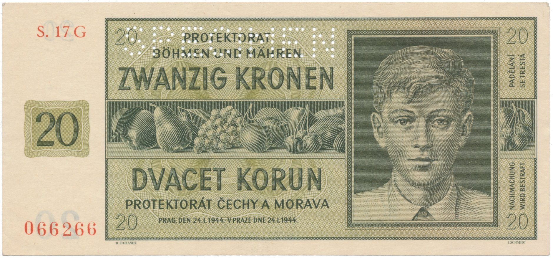 20 Koruna 1944, série G, SPECIMEN, Hej.40b.S1