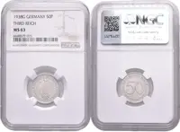 50 Pfennig 1938 G (Ni), J.365, certifikace NGC, hodnocení MS 63, luxusní zachovalost_R! — 2