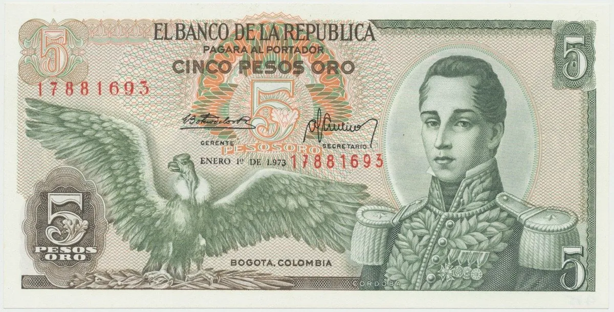 Kolumbie, 5 Pesos Oro 1973~1977, P.406e