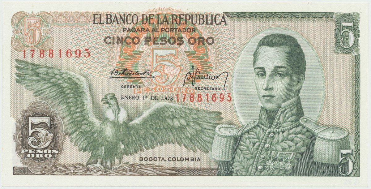 Kolumbie, 5 Pesos Oro 1973~1977, P.406e