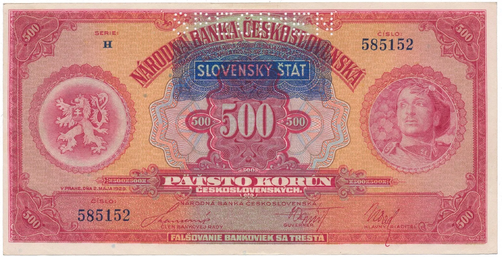 500 Koruna 1929/1939 + přetisk, série H, SPECIMEN, Hej.44a.S1