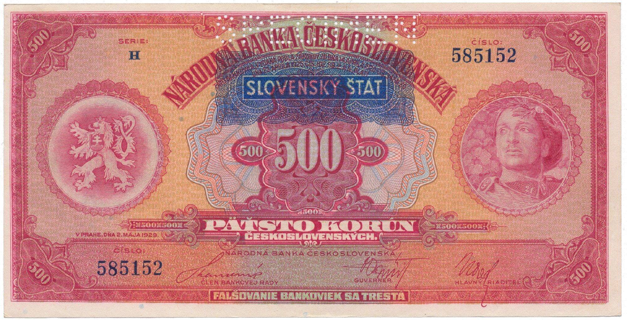 500 Koruna 1929/1939 + přetisk, série H, SPECIMEN, Hej.44a.S1