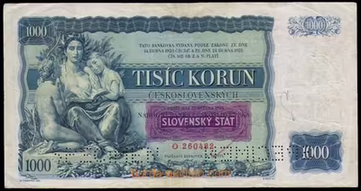 1939 SLOVENSKO bankovka 1000K, přetisk SLOVENSKÝ ŠTÁT, série O, 2x perforace SPECIMEN, svisle přeloženo, lehčí lomy, kva