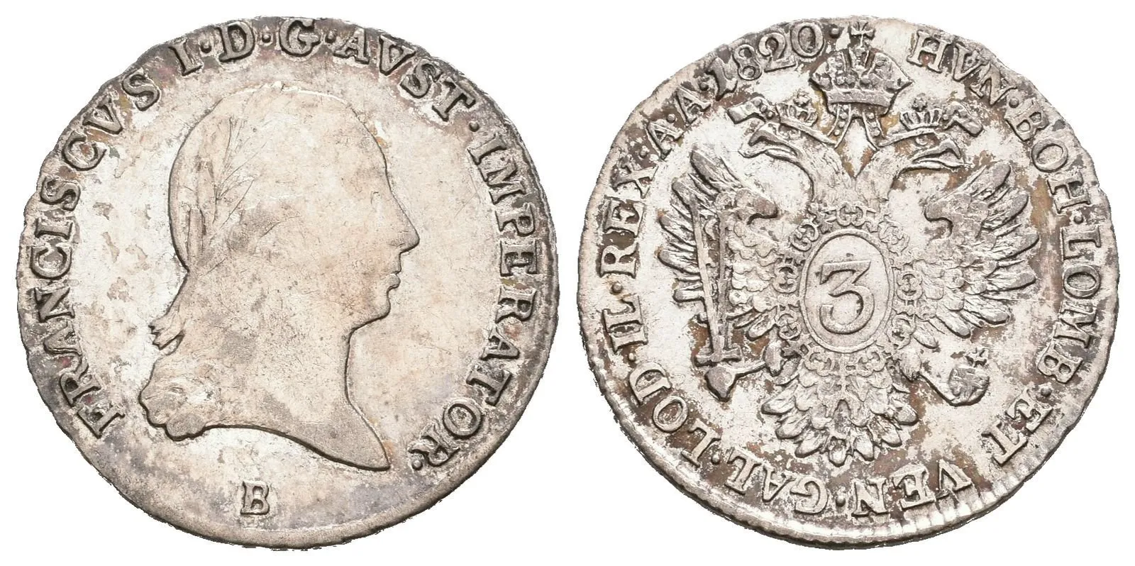 3 Krejcar 1820 B, velmi pěkná zachovalost, patina — 1