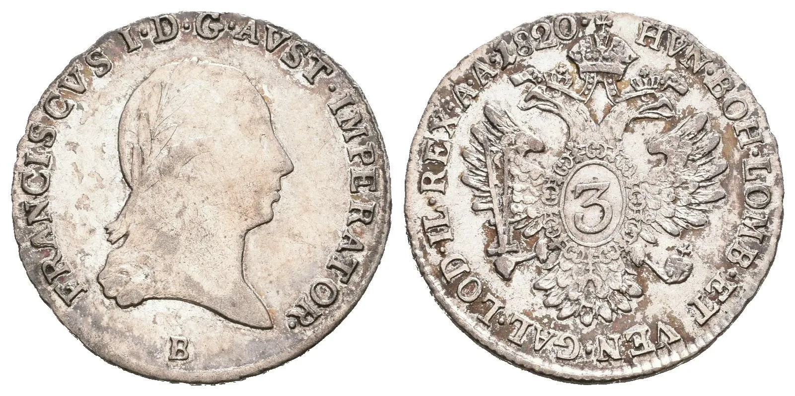 3 Krejcar 1820 B, velmi pěkná zachovalost, patina — 1