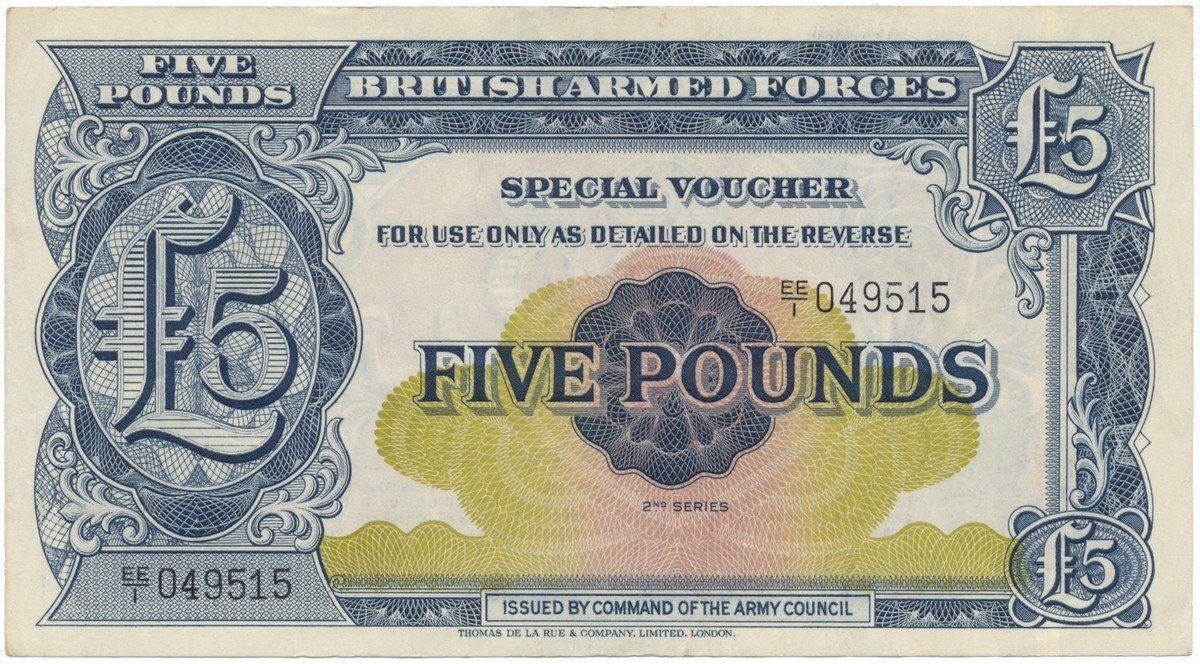 Velká Británie, 5 Pounds (1948), BAF - vojenské vydání, P.M23