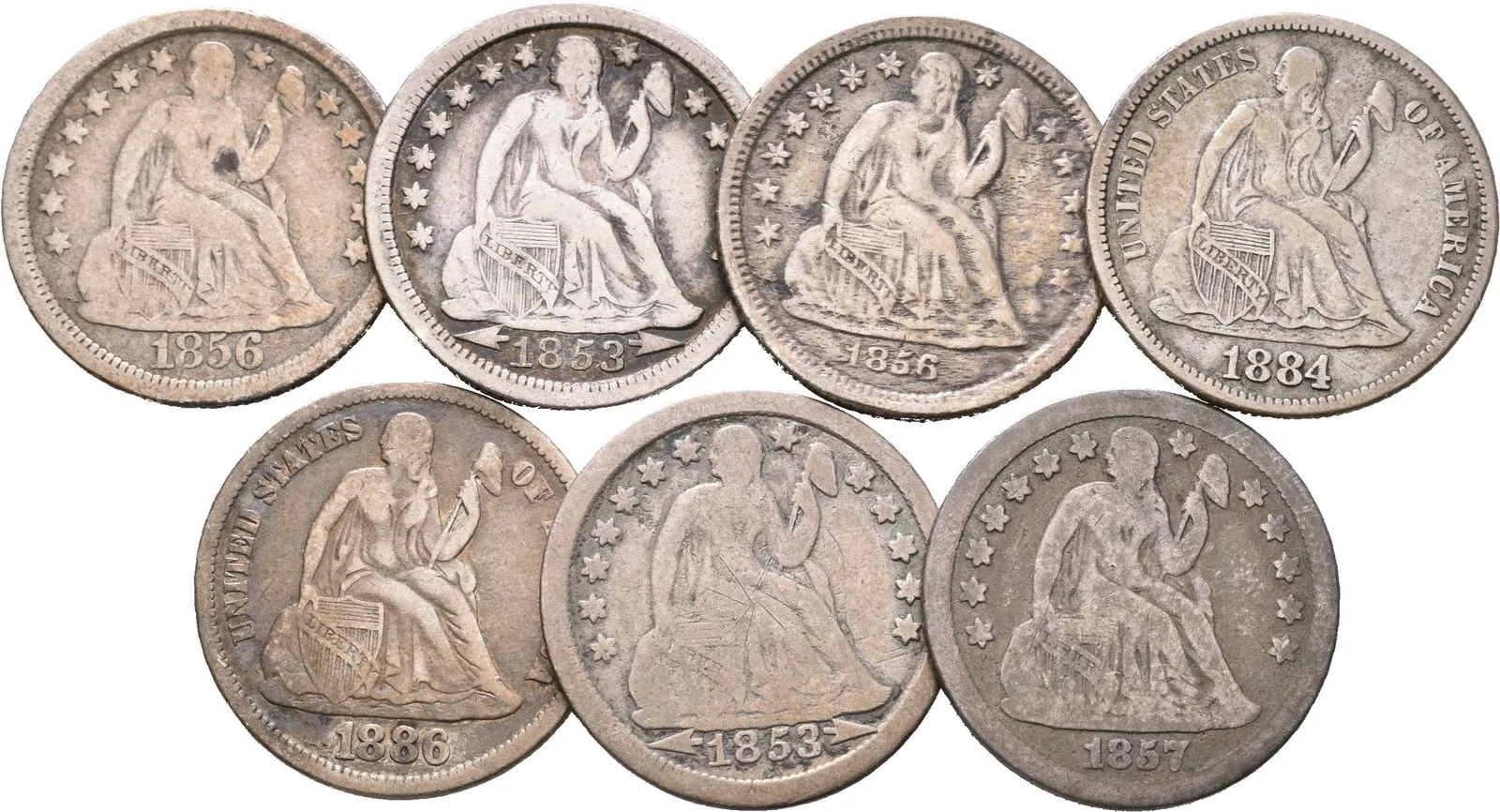 Soubor mincí - Dime 1853, 1853 O, 1856, 1856 O, 1857 O, 1884 S a 1886, — 1