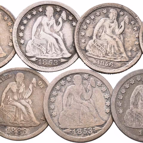 Soubor mincí - Dime 1853, 1853 O, 1856, 1856 O, 1857 O, 1884 S a 1886,