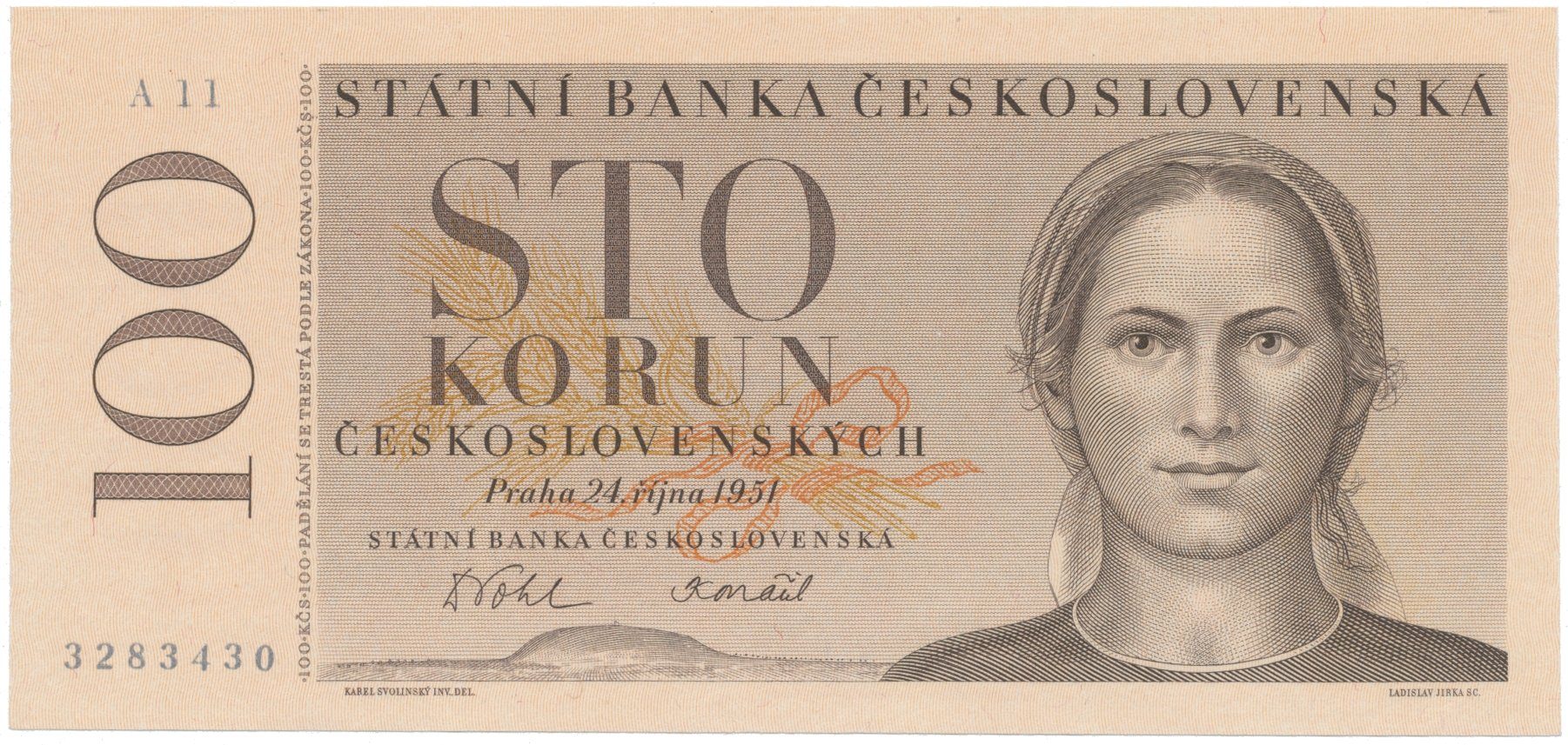 100 Koruna 1951 - nevydaná, Hej.N7