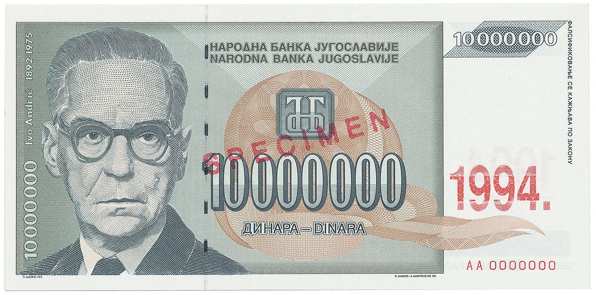 Jugoslávie, 10.000.000 Dinara 1994, anulát AA 0000000, razítko SPECIMEN, P.144