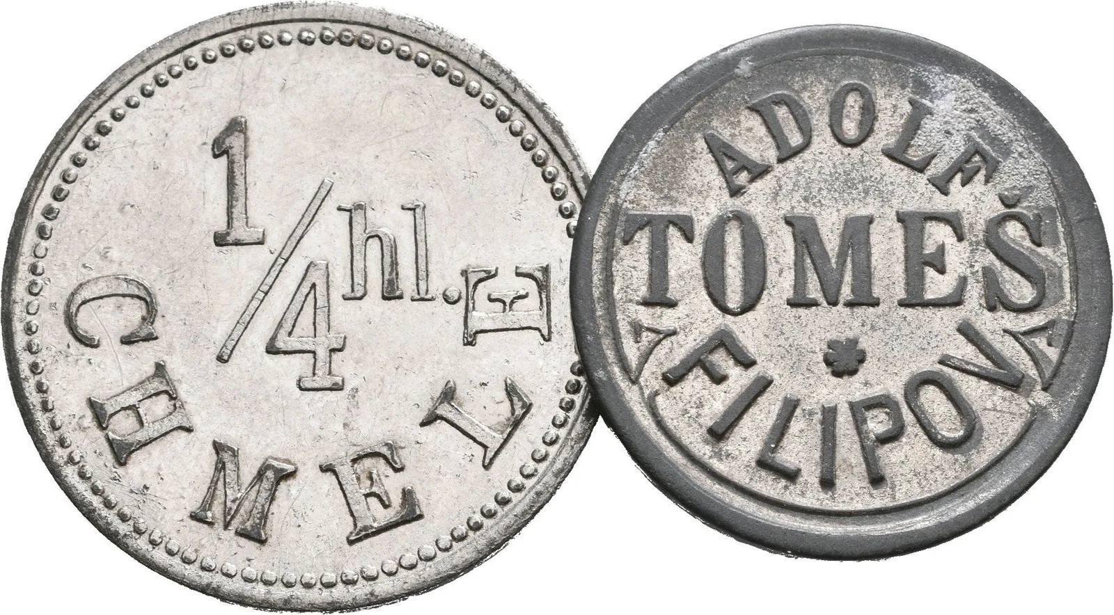 Filipov - Adolf Tomeš, známka na chmel, Pocín. Zn 22 mm + — 1