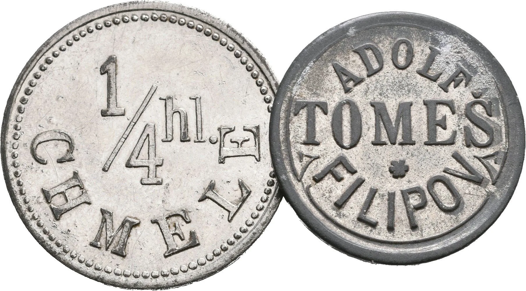 Filipov - Adolf Tomeš, známka na chmel, Pocín. Zn 22 mm + — 1