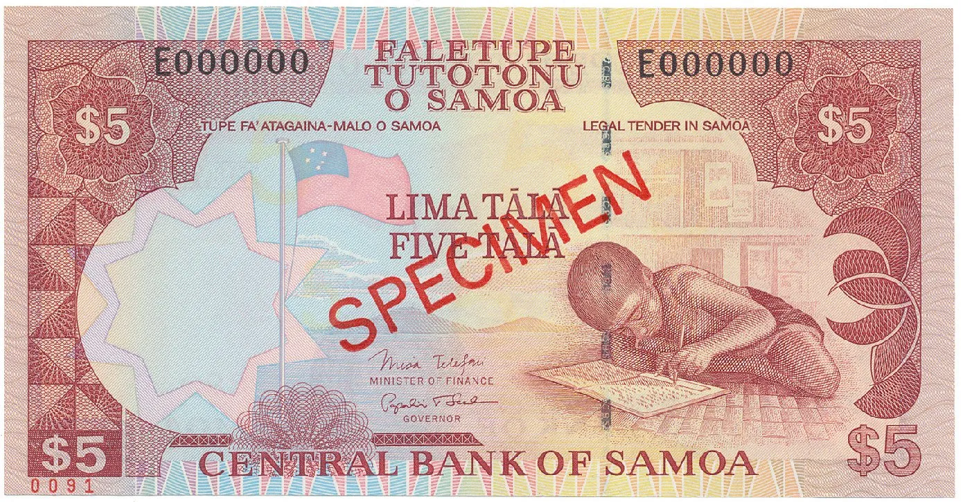 Samoa, 5 Tala (2002), bankovní vzor, E 000000, přetisk SPECIMEN, P.33bs