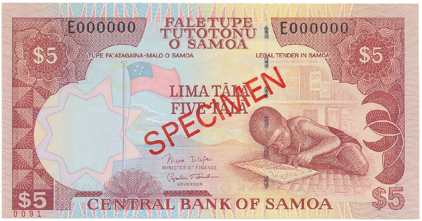 Samoa, 5 Tala (2002), bankovní vzor, E 000000, přetisk SPECIMEN, P.33bs