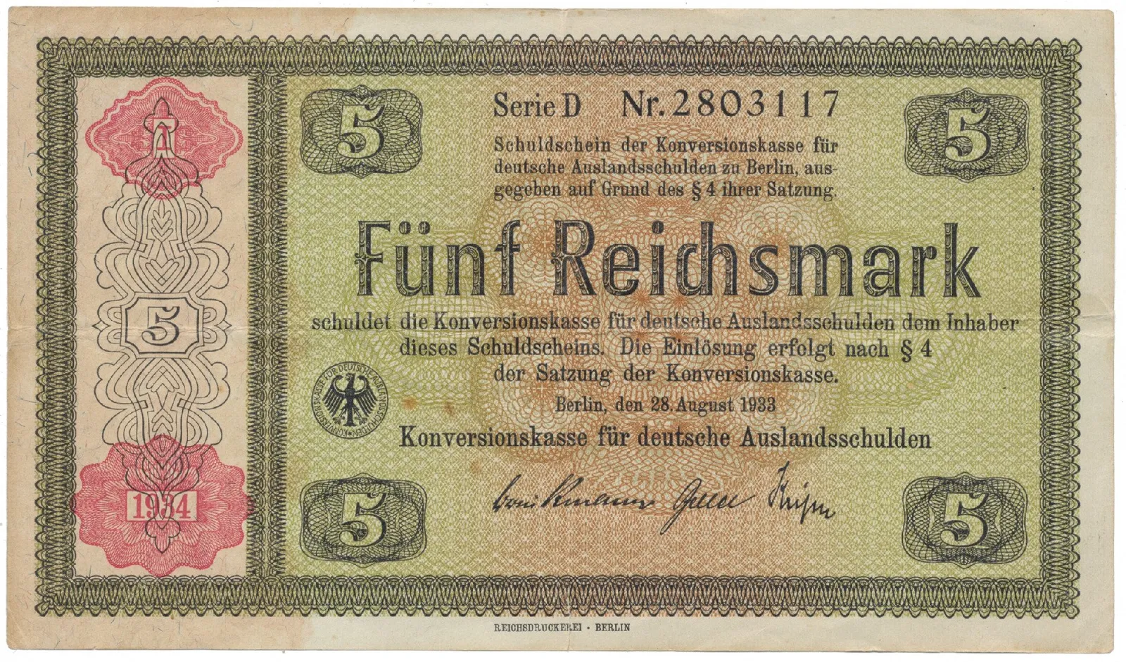 Německo, 5 Reichsmark 1933 (1934), Ro.708a