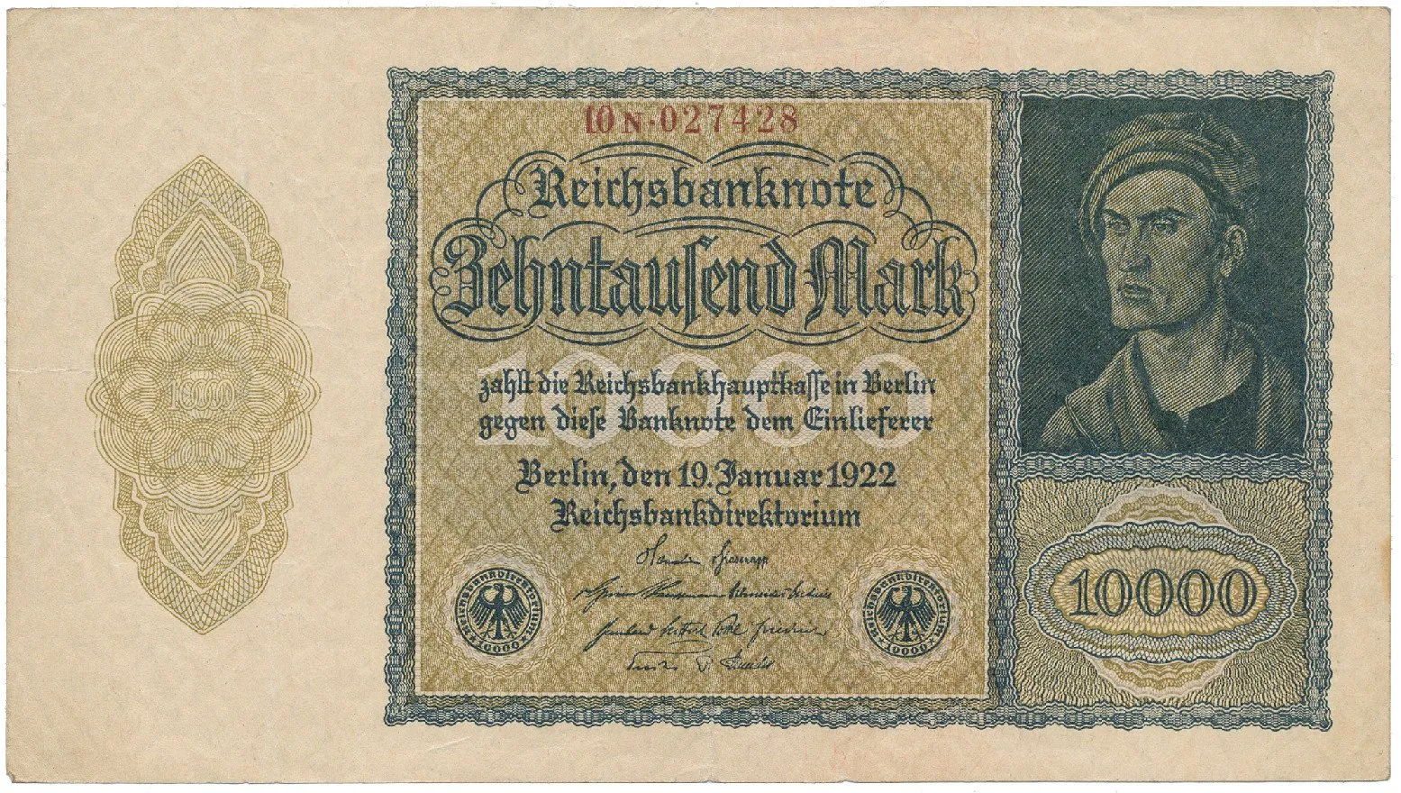 Německo, 10.000 Mark 1922, firemní 6-místný číslovač, Ro.69c