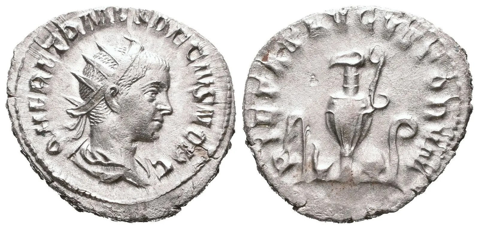 Antoninian, Rv: PIETAS AVGVSTORVM, aspergillum, simpulum, konvice, štít — 1