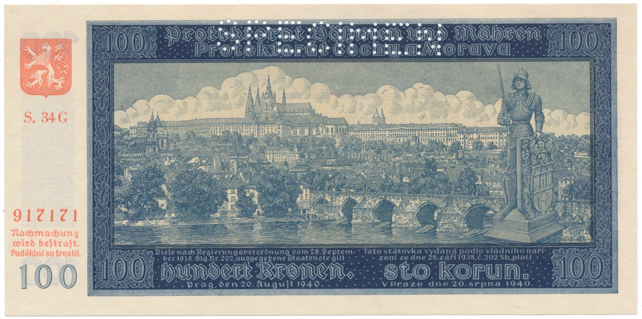 100 Koruna 1940, II. vydání, série G, SPECIMEN, Hej.33b1.S1